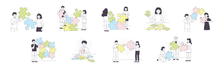 People Assembling Jigsaw Puzzle Connecting Mosaiced Pieces Together Vector Set