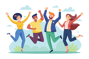 Four diverse friends jump in the air with arms raised in celebration. They are all smiling and appear to be having a great time together.