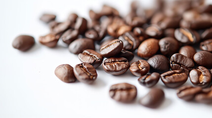 Naklejka premium Close-up of freshly roasted coffee beans isolated on white background.