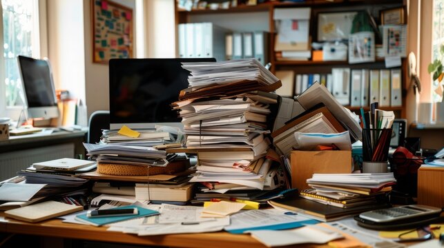 A cluttered desk with stacks of paper, books, office supplies, and a computer monitor. The desk is a classic example of an overloaded workspace.
