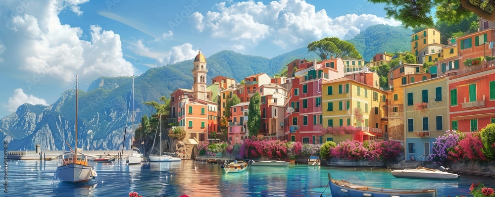 Wall mural scenic view of a coastal town with colorful houses, boats in the harbor, 4k hyperrealistic photo. - Wall murals