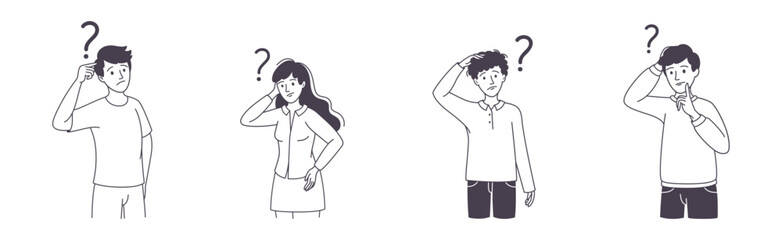 Question with Thoughtful Man and Woman Scratching Head over Riddle Vector Set