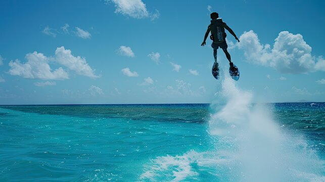 Tropical Watersports Adventure: A Flyboard Soars Above Azure Waves