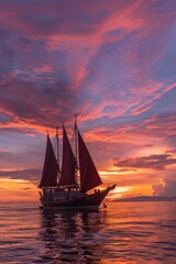 Fototapeta premium Sailing ship, dark red sails, golden hour ocean, epic sky, people onboard, wide angle view, professional photography