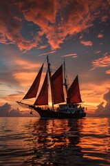 Sailing ship, dark red sails, golden hour ocean, epic sky, people onboard, wide angle view, professional photography