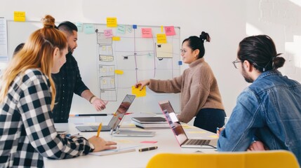 A group of people are sitting around a table having a meeting. They are all looking at a whiteboard with sticky notes on it. The woman at the right is holding a sticky note and is talking. The man