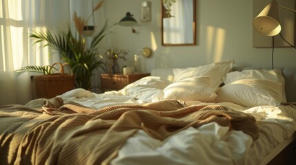 A warm, inviting bedroom with soft bedding and natural light streaming in through the window. A plant adds a touch of nature to the space.