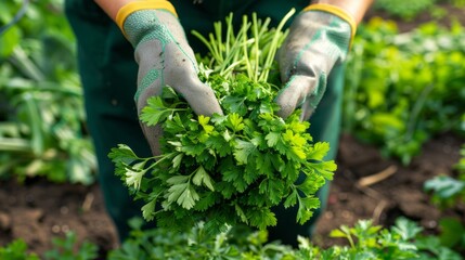 Naklejka premium a bunch of fresh parsley in a woman's hands