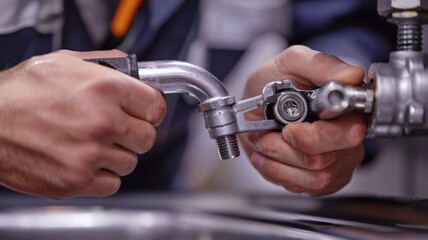 Close-up of a Plumber's Hands Tightening a Metal Pipe with a Wrench