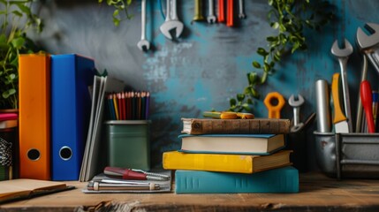 A stack of four books sits on a wooden workbench with various tools and office supplies scattered around it.