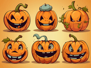 Groovy halloween cartoon pumpkins set. Tis the season. Vector illustration. hand drawn