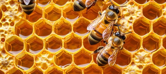 Detailed close up view of golden honey collected in hexagonal honeycomb cells for closer examination