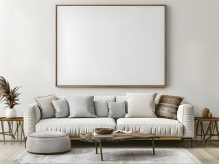 Living room with blank wall frame mockup