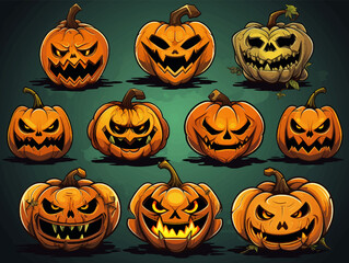 Groovy halloween cartoon pumpkins set. Tis the season. Vector illustration. hand drawn