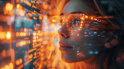 A woman looks intently at a holographic screen displaying financial data, illuminated by a warm, futuristic glow.