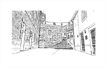 Print Building view with landmark of 
Santiago de Compostela is the city in Spain. Hand drawn sketch illustration in vector.