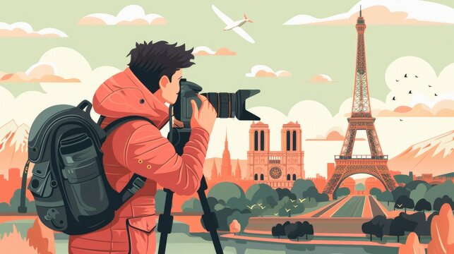 Inspirational illustration of a photographer in action with a backdrop of famous locations for World Photography Day