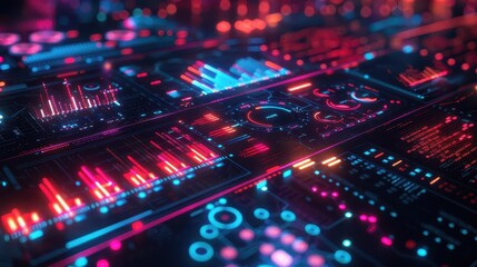 Obraz premium Futuristic digital interface with glowing neon graphics.