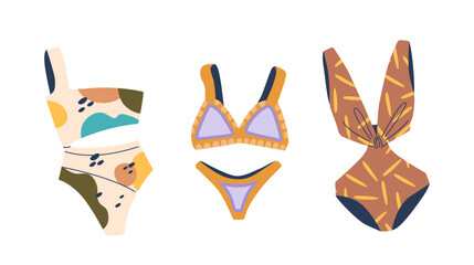 Collection Of Three Different Stylish Women Swimsuits In Unique Patterns And Designs. Fashionable Choice