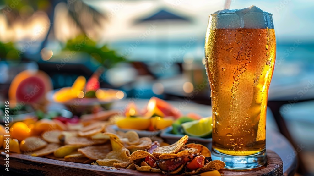 Sticker A glass of a beer and chips on the table next to an ocean, AI