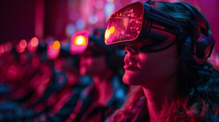 A woman wearing a VR headset participates in a virtual reality networking event, bathed in pink and purple lighting.