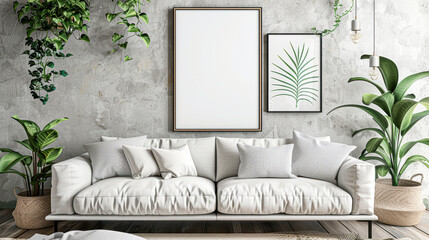 Sleek Mockup Poster Display in Contemporary Living Room Interior, 3D Render.
