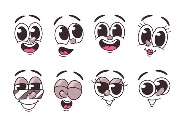 Vector Collection Of Retro Style Cartoon Faces Showing Various Emotions. Each Face Has Unique Expressions