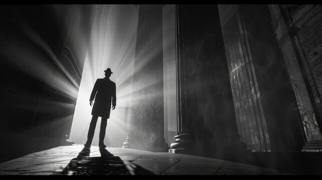 Intriguing shot of a detective's shadow looming large, adding suspense to the scene