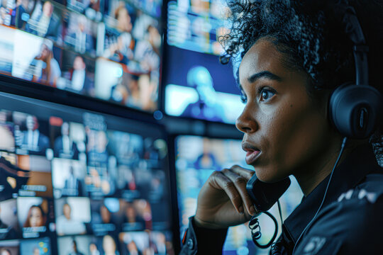 Dedicated Black Female Security Guard on Duty in Surveillance Room, Answering Work Call Professionally