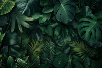 Exotic Jungle Serenity, Dark Green Background with Diverse Leaves Creating a Lush Atmosphere