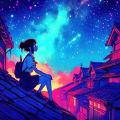 girl sitting on the roof looking at the stars 30