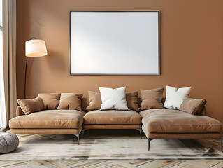 Living room with blank wall frame mockup