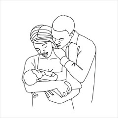 Vector art line sketch family, father, mother and child.	
