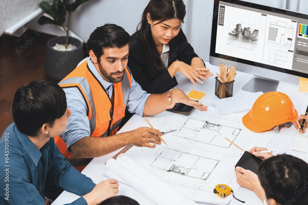 Poster diverse group of civil engineer and client working together on architectural project, reviewing cons