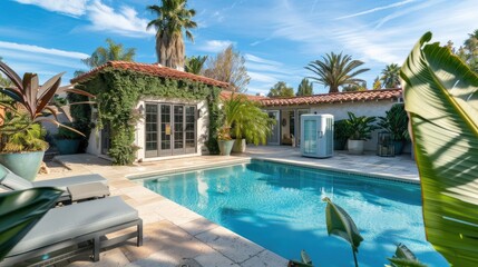 Fototapeta premium Tranquil Poolside Escape in a Lush California Backyard