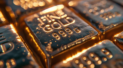 Banking and finance with gold bar investments. Shiny and rich currency for economic success. Precious metal treasure in banking, commerce, and financial exchange. Pure gold bars and secure savings.