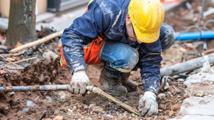 Workers are water pipes with PVC outdoors. Industrial Trench for water supply