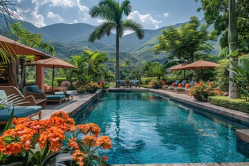 Tropical Poolside Relaxation With Lounge Chairs And Umbrellas