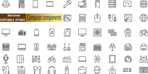 Computer hardware and components vector icon set