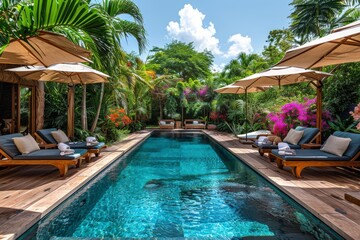 Fototapeta premium Tropical Poolside Relaxation With Lounge Chairs And Umbrellas