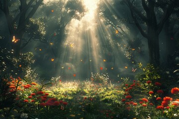 Sunlit Forest Floor With Orange Butterflies and Flowers