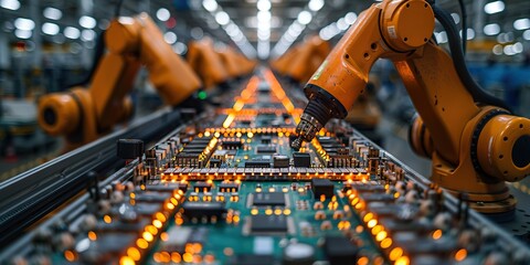 assembly line robotic arms manufacturing boards with chips cpus and electronic components factory robots making circuit boards