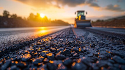Bulldozer on road close up