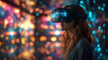 A woman wearing a virtual reality headset with holographic imagery projected into it, attending a virtual reality event.