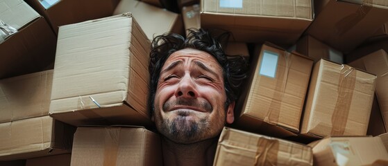 A man with a distressed expression is buried under a pile of cardboard boxes.