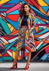 A photo of a model wearing a colorful outfit against a colorful background.