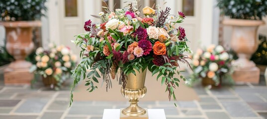 Fototapeta premium Luxurious garden with exotic blooms in rich purple and golden tones for high end events