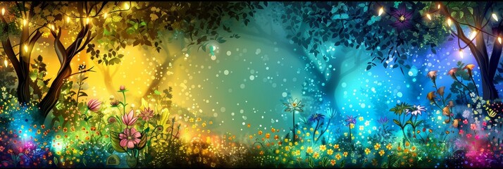Enchanting fantasy forest  whimsical creatures and magical lights for book covers