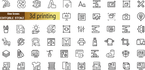 3D print and printing icon set with additive manufacturing