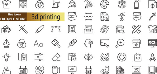 3D print and printing icon set with additive manufacturing